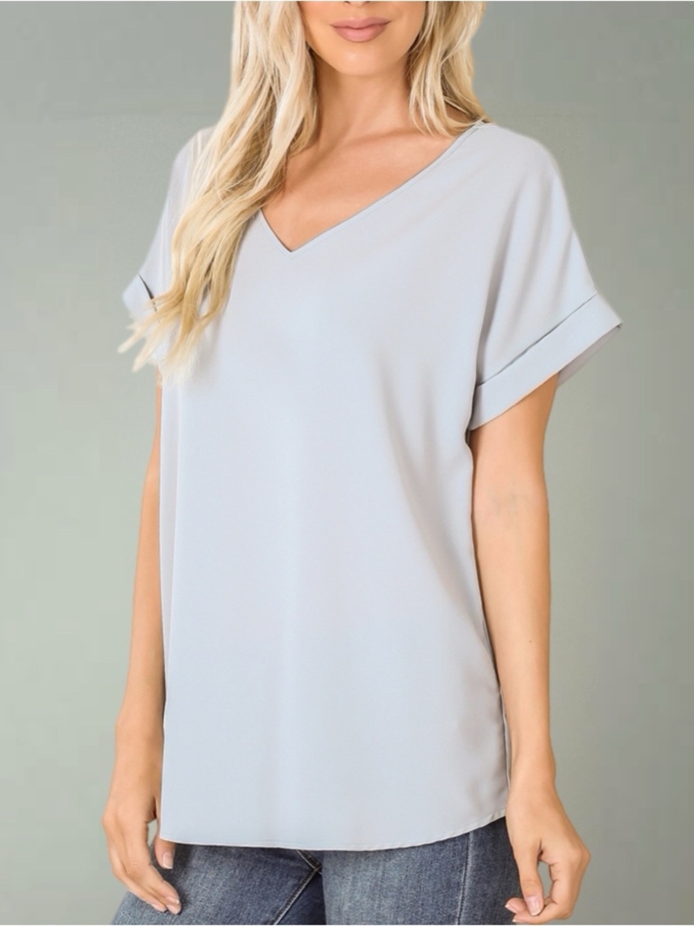Zenana Outfitters Soft V-Neck Short Sleeve Blouse in Light Blue Gray